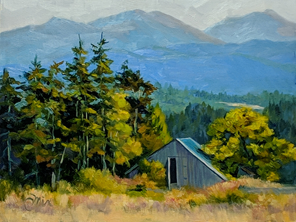Painting by Catherine Mix of mountains and a Sequim barn