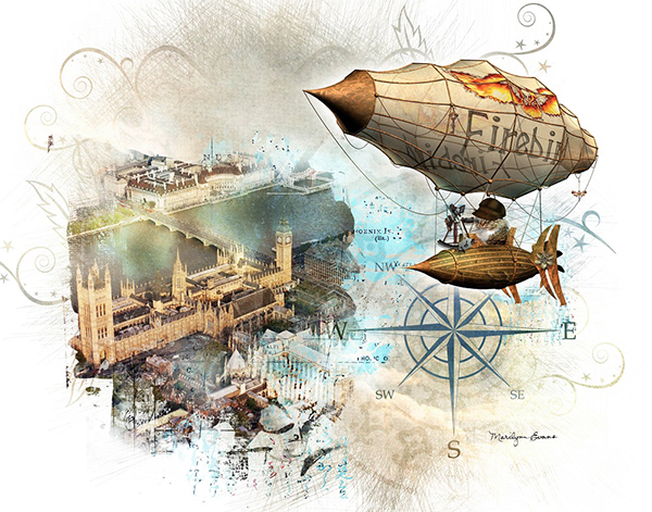 "Steampunk Cat Over London" by Marilynn Evans