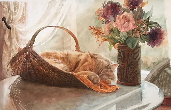 "Still Life with Basket and Flowers" by Nancy Delgado