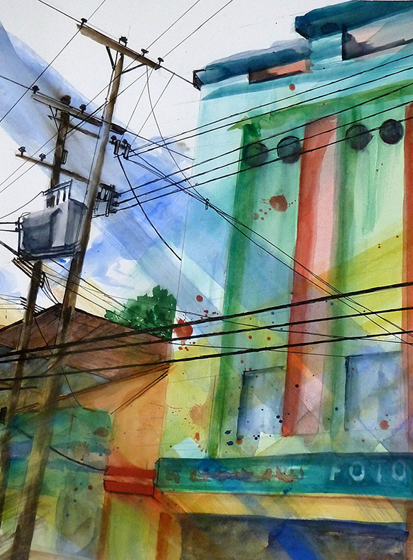 watercolor painting by Carol Wilhelm of power and phone lines